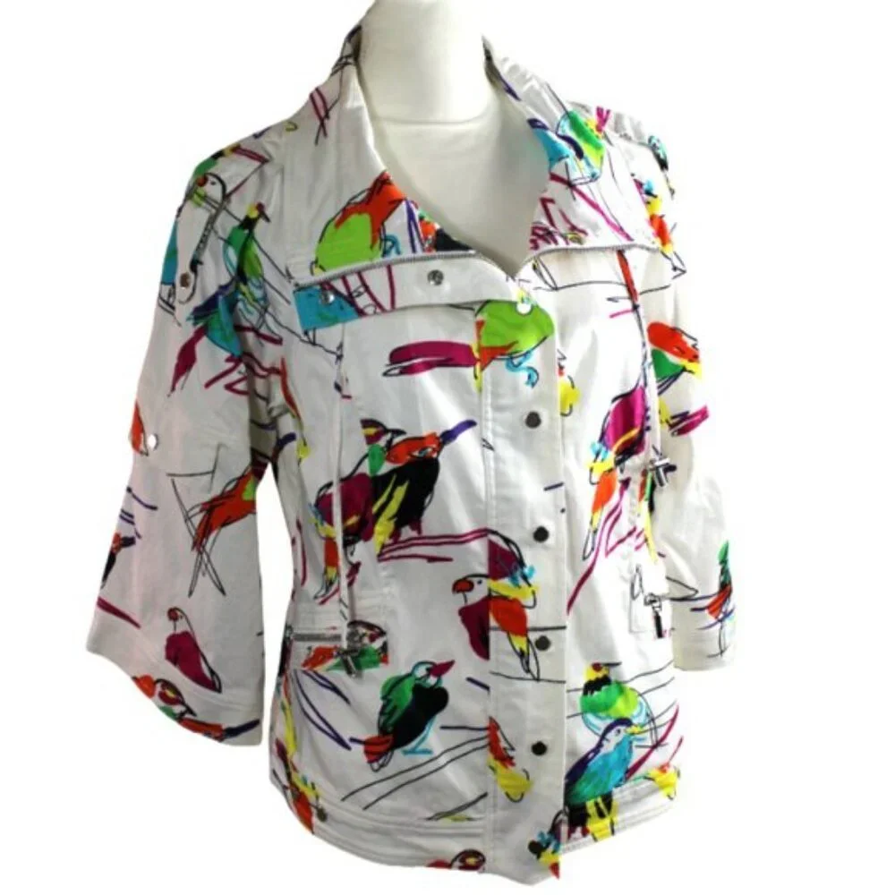 Berek White Multi Abstract Tropical Bird Cotton Jacket Size Large